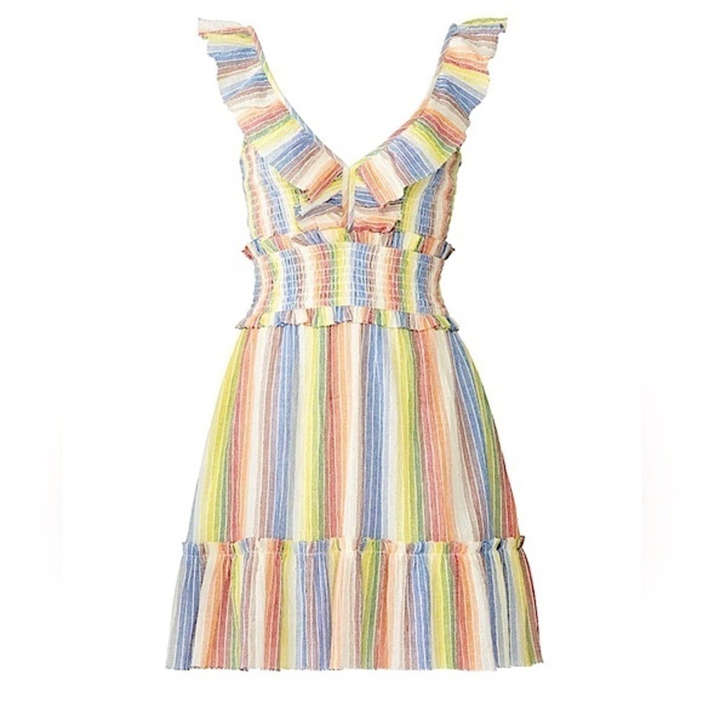 SAYLOR Alma Adorable Striped Smocked Ruffle Boho Colorful Dress 100% Cotton Sz L